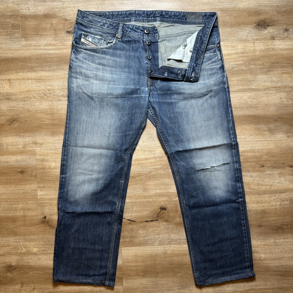 Diesel Waykee Jeans Mens 36x28 Blue Straight Leg Distressed Button Fly 0817G